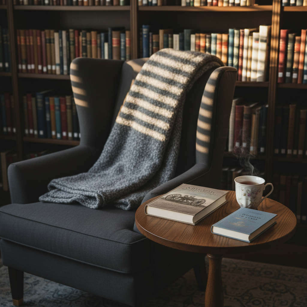 A quiet corner of a home library features a deep charcoal armchair draped with a neatly folded gray wool blanket, facing a small round side table of dark-stained oak. On the table rests a single hardback book with a dust jacket hinting at Civil War history, paired with a slender, clothbound volume of poetry about faith and loss. A porcelain mug of tea sends a faint wisp of steam upward. Golden hour light filters through unseen blinds, forming gentle bands of light and shadow across the spines of books that fill the background shelves. Shot from a slightly elevated, three-quarter angle with a shallow depth of field, the composition feels intimate, inviting, and sophisticated, perfectly suited for reflective reading.