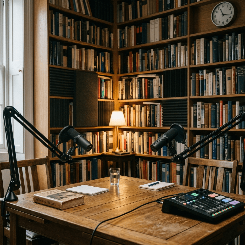 Two people recording a podcast at a table in a book-lined room